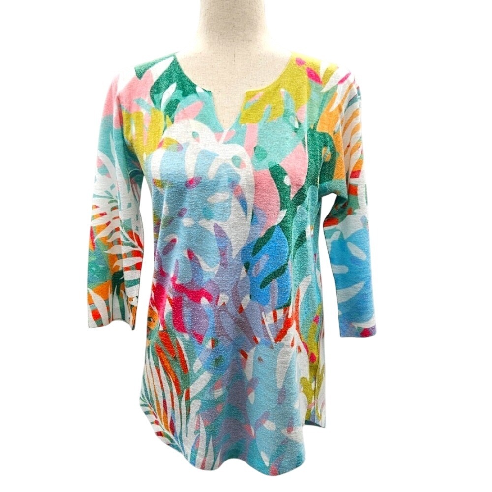 Atelier5 by Gozde Yilmaz Tropical Leaf‎ Print V Neck 3/4 Sleeve Top Size Sm USA